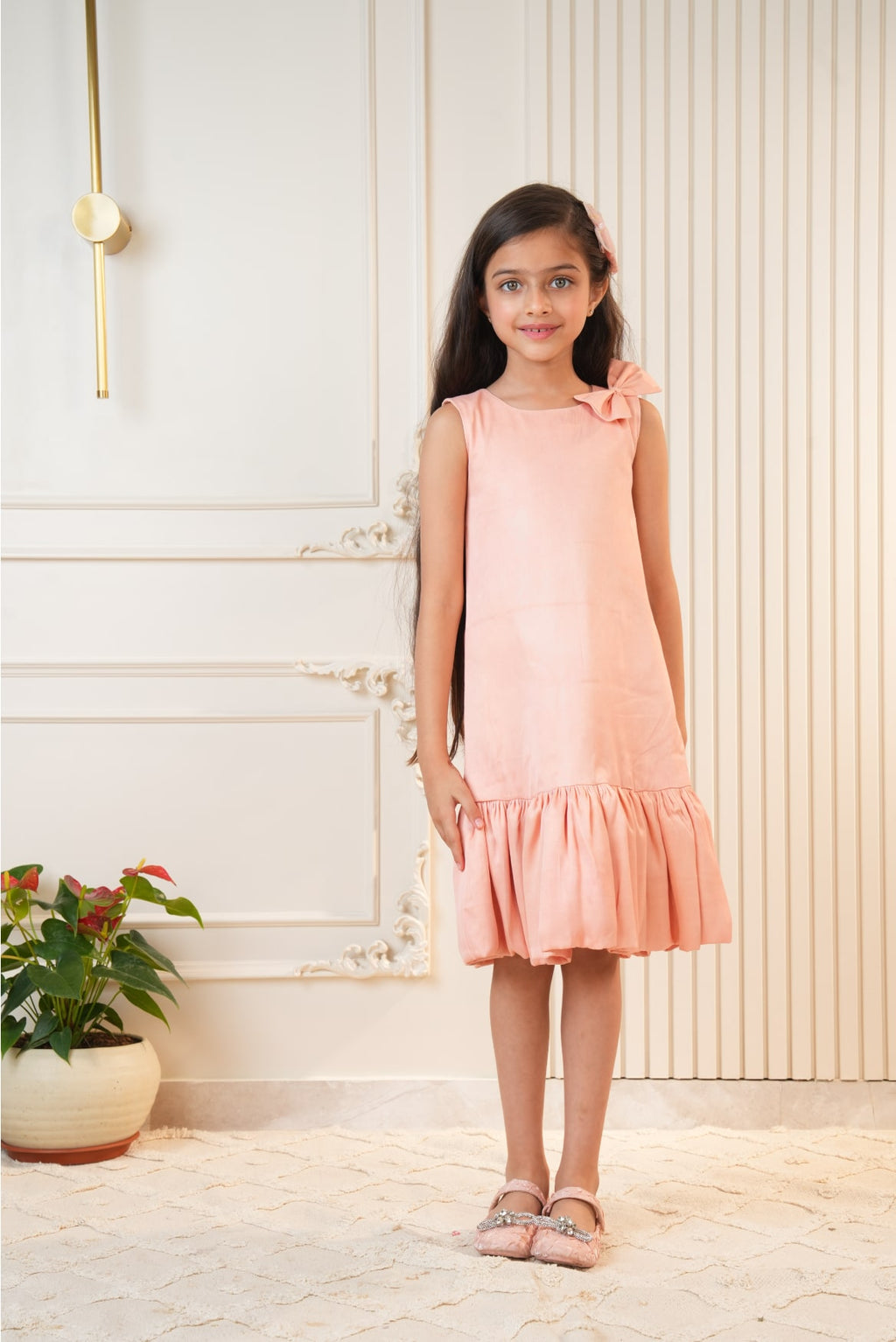 Peach frill dress with bow