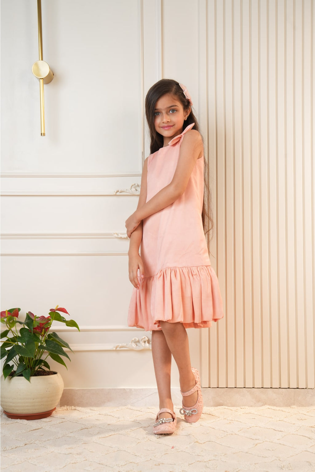 Peach frill dress with bow