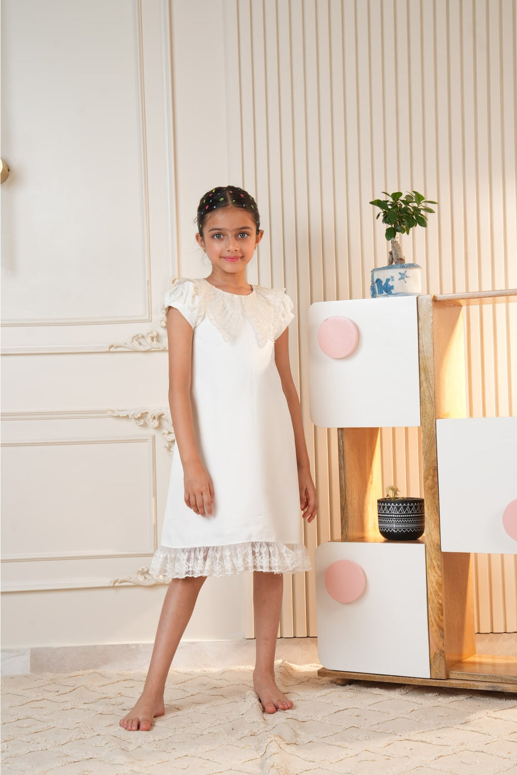 White Embroidered Collar Dress with Lace