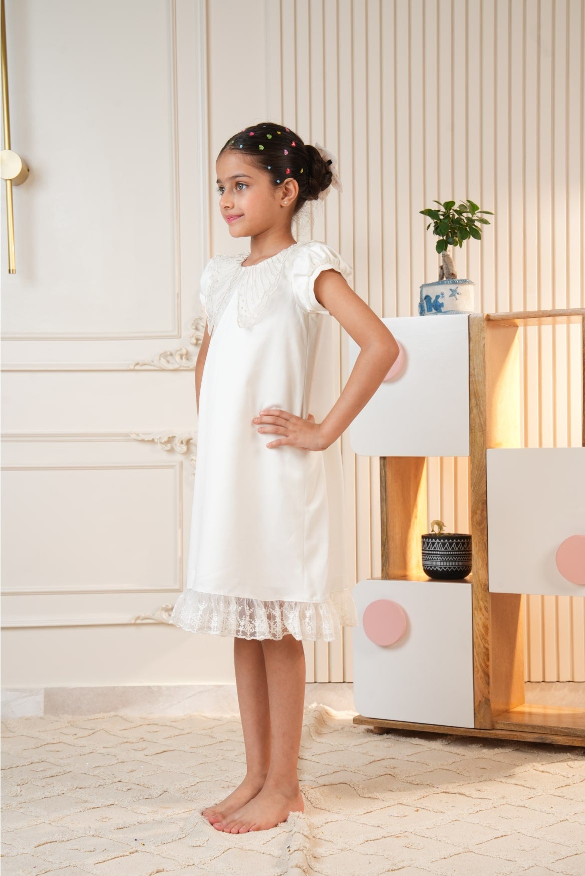 White Embroidered Collar Dress with Lace