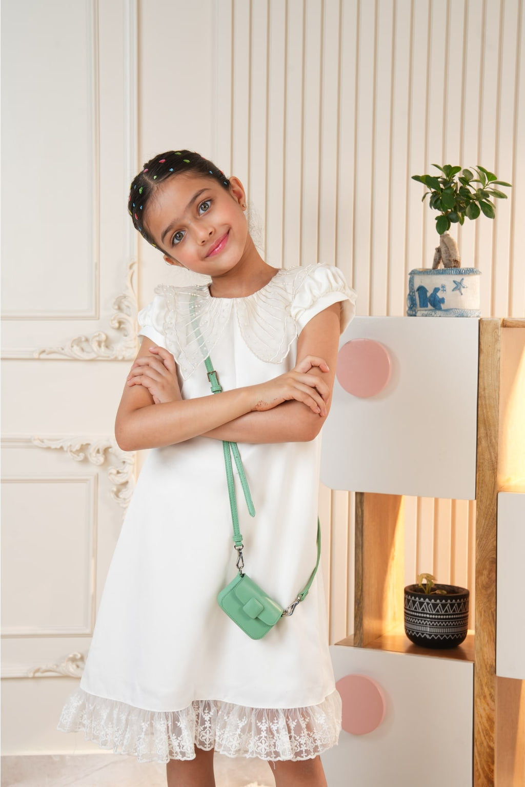 White Embroidered Collar Dress with Lace