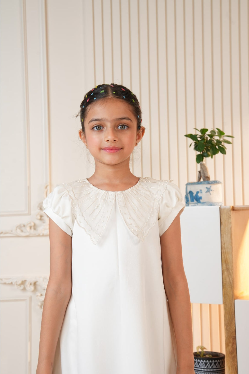 White Embroidered Collar Dress with Lace