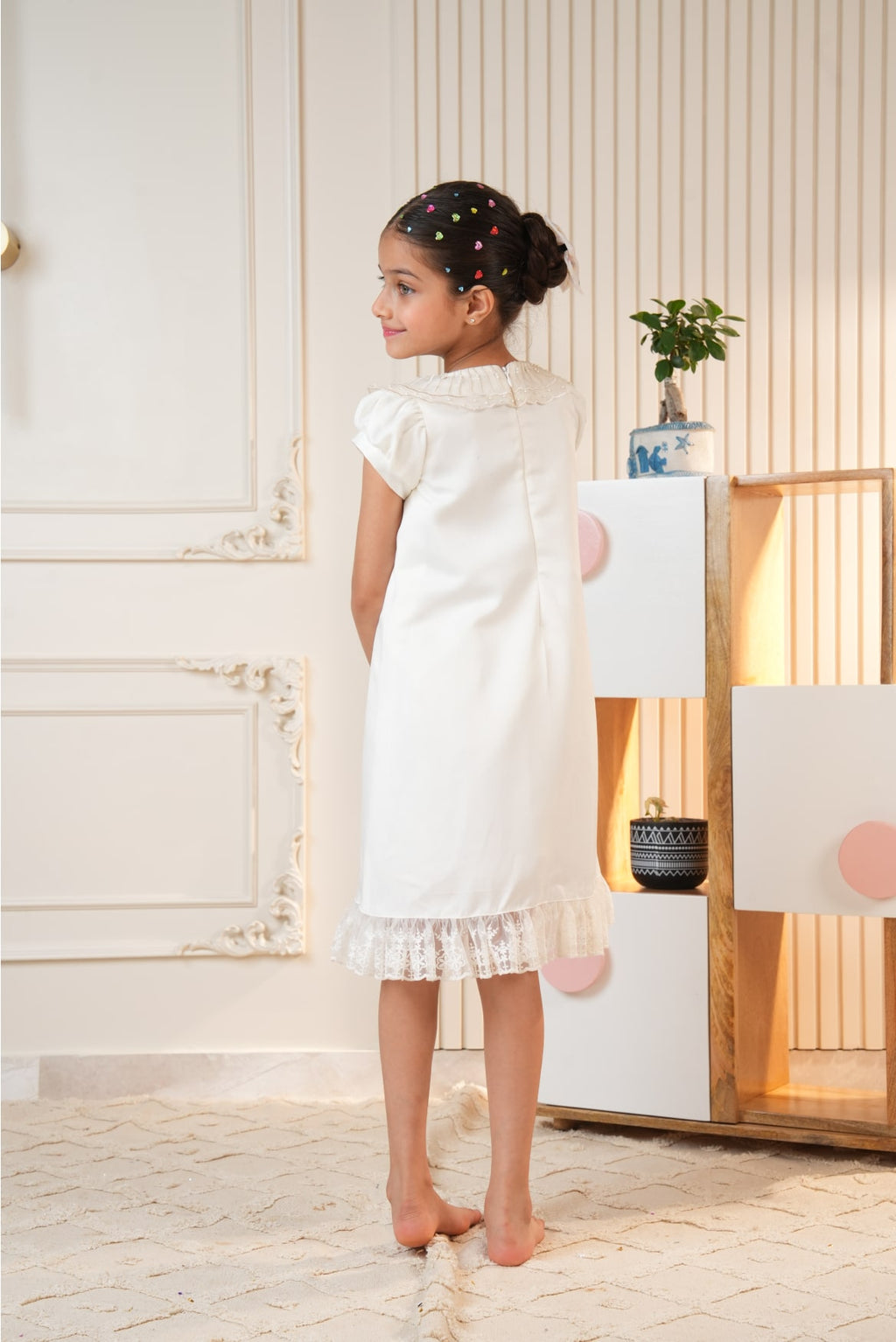 White Embroidered Collar Dress with Lace