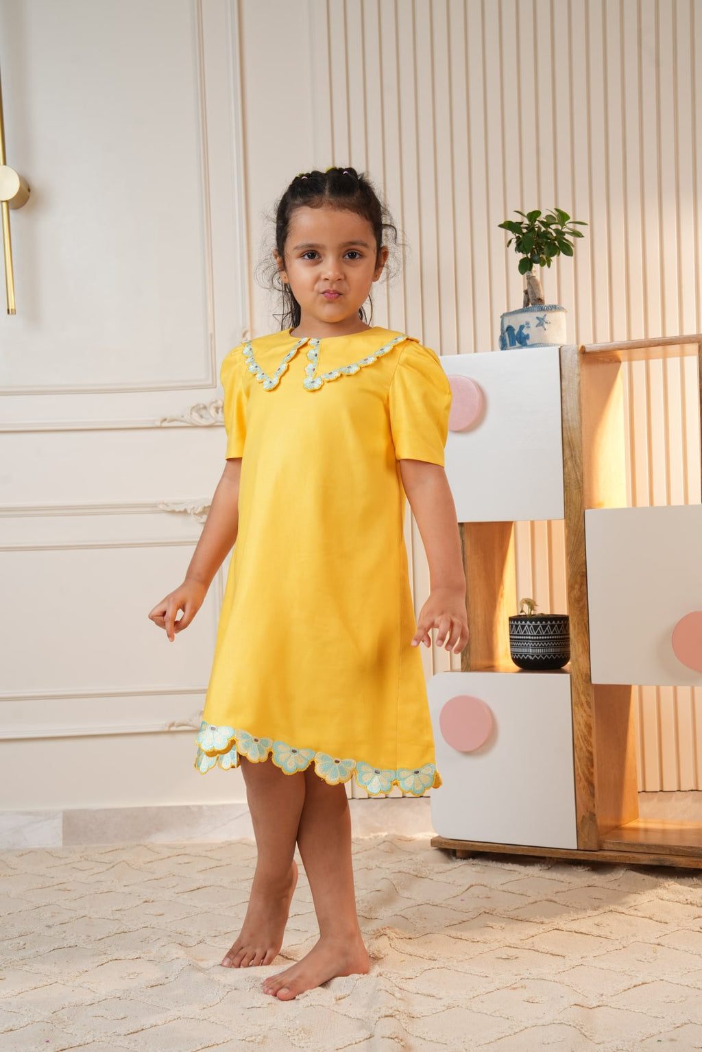 Yellow Embroidered Collar Dress