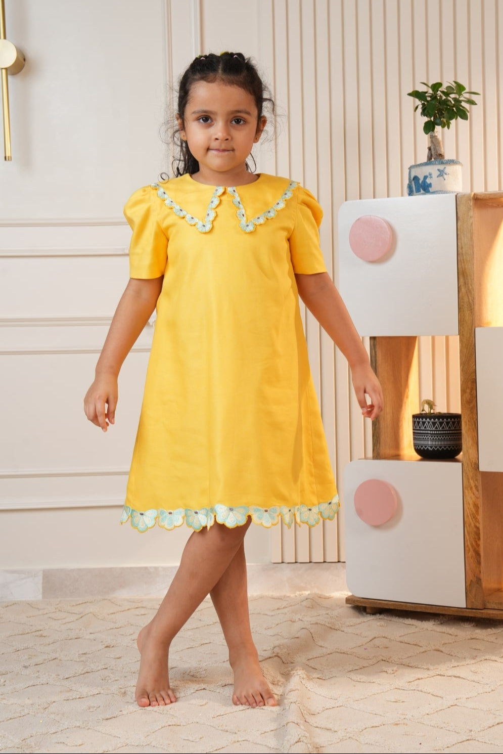 Yellow Embroidered Collar Dress