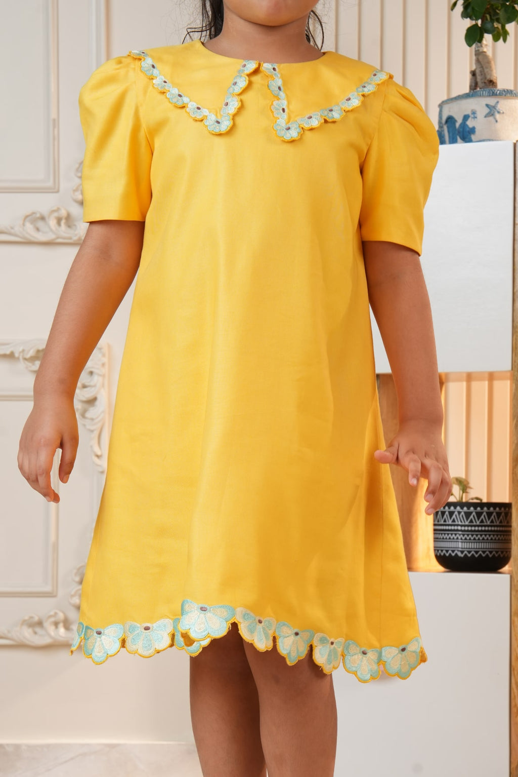 Yellow Embroidered Collar Dress