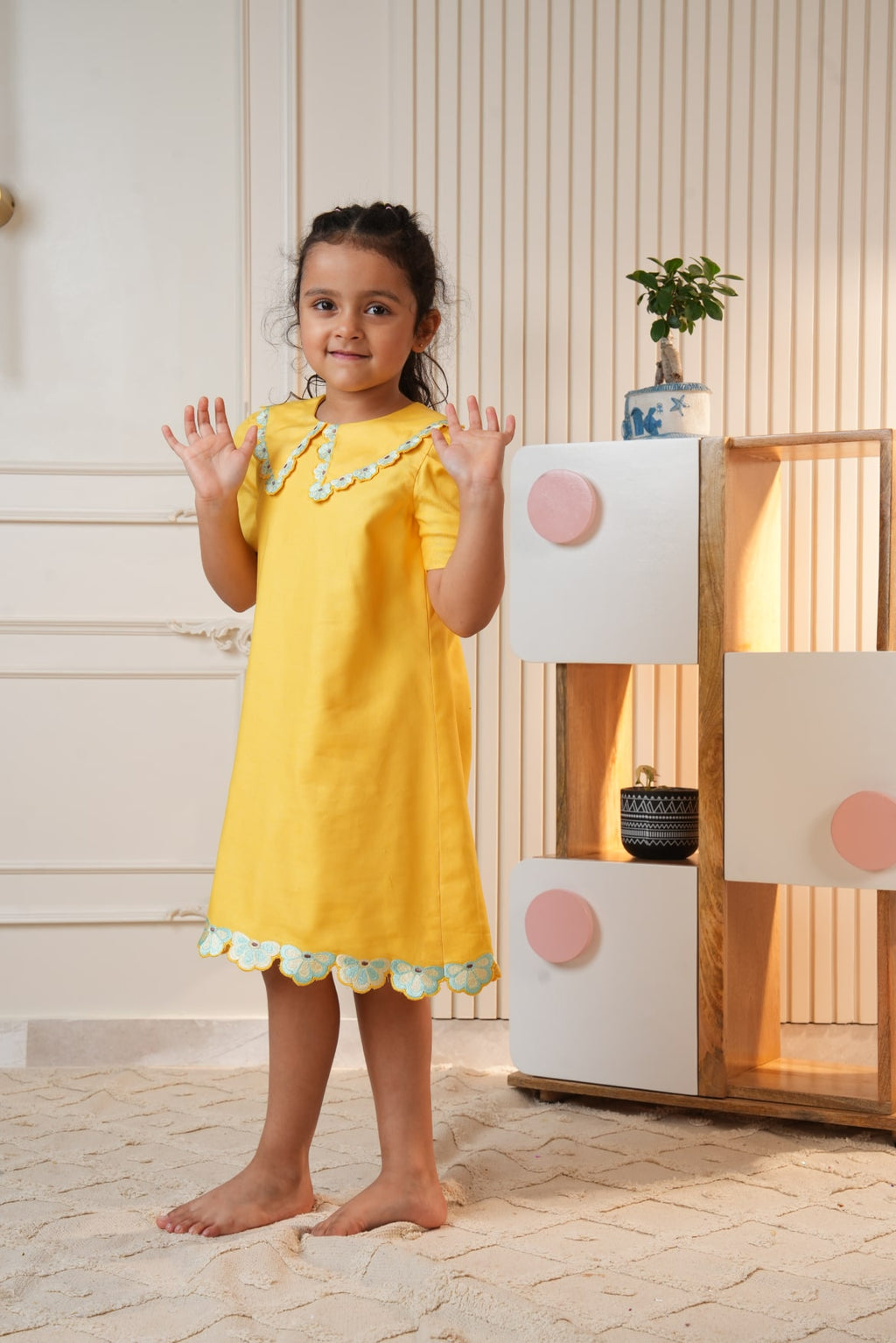 Yellow Embroidered Collar Dress