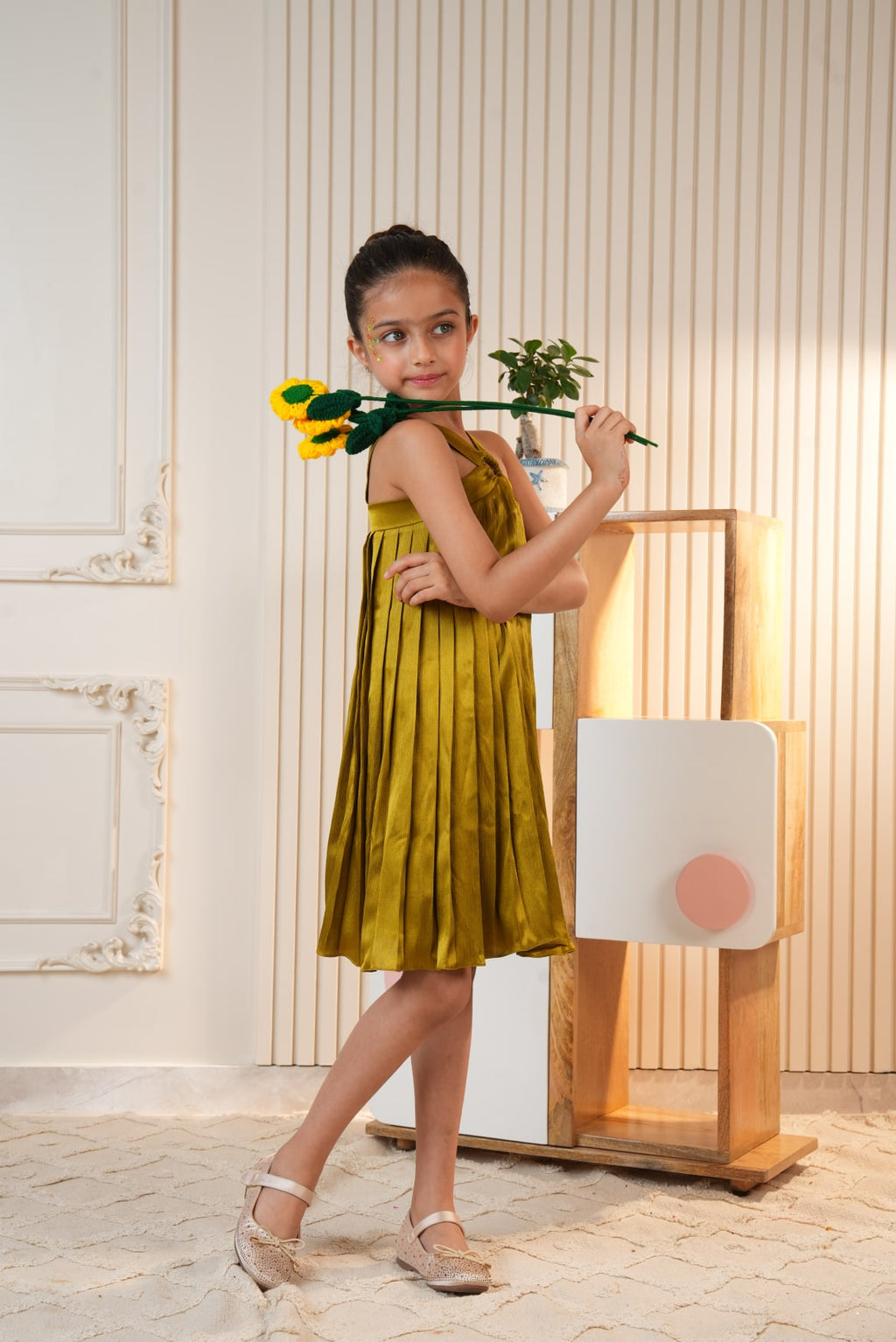 Golden Brown Pleated Flared Dress