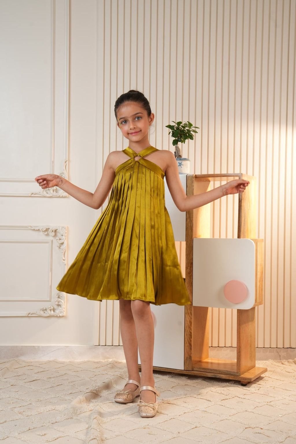 Golden Brown Pleated Flared Dress