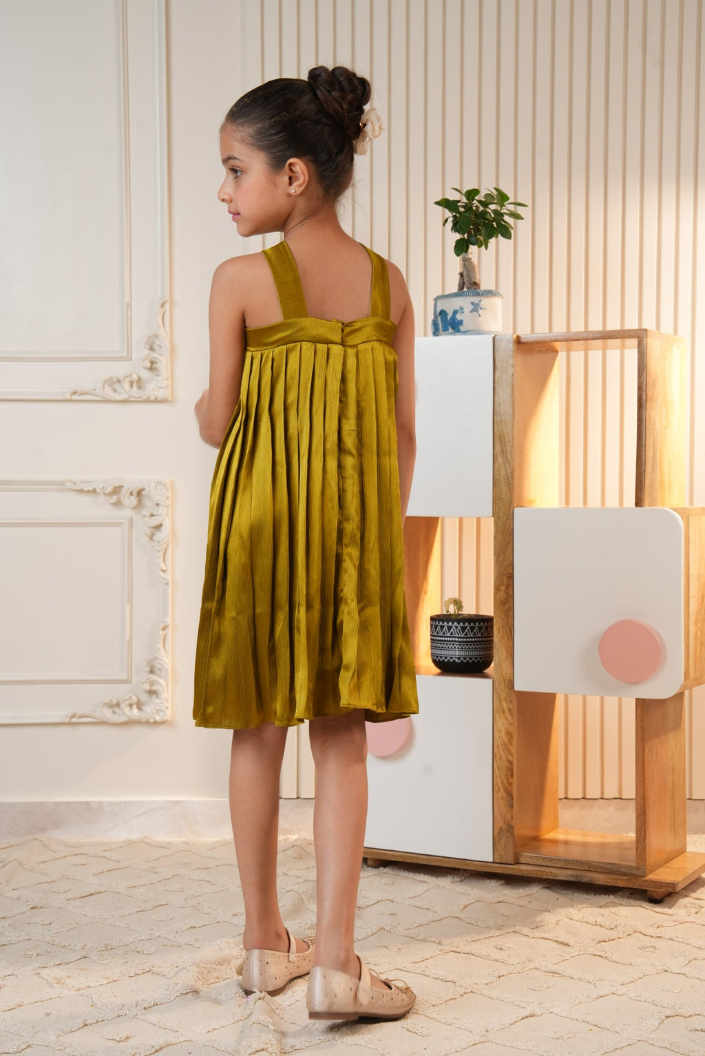 Golden Brown Pleated Flared Dress