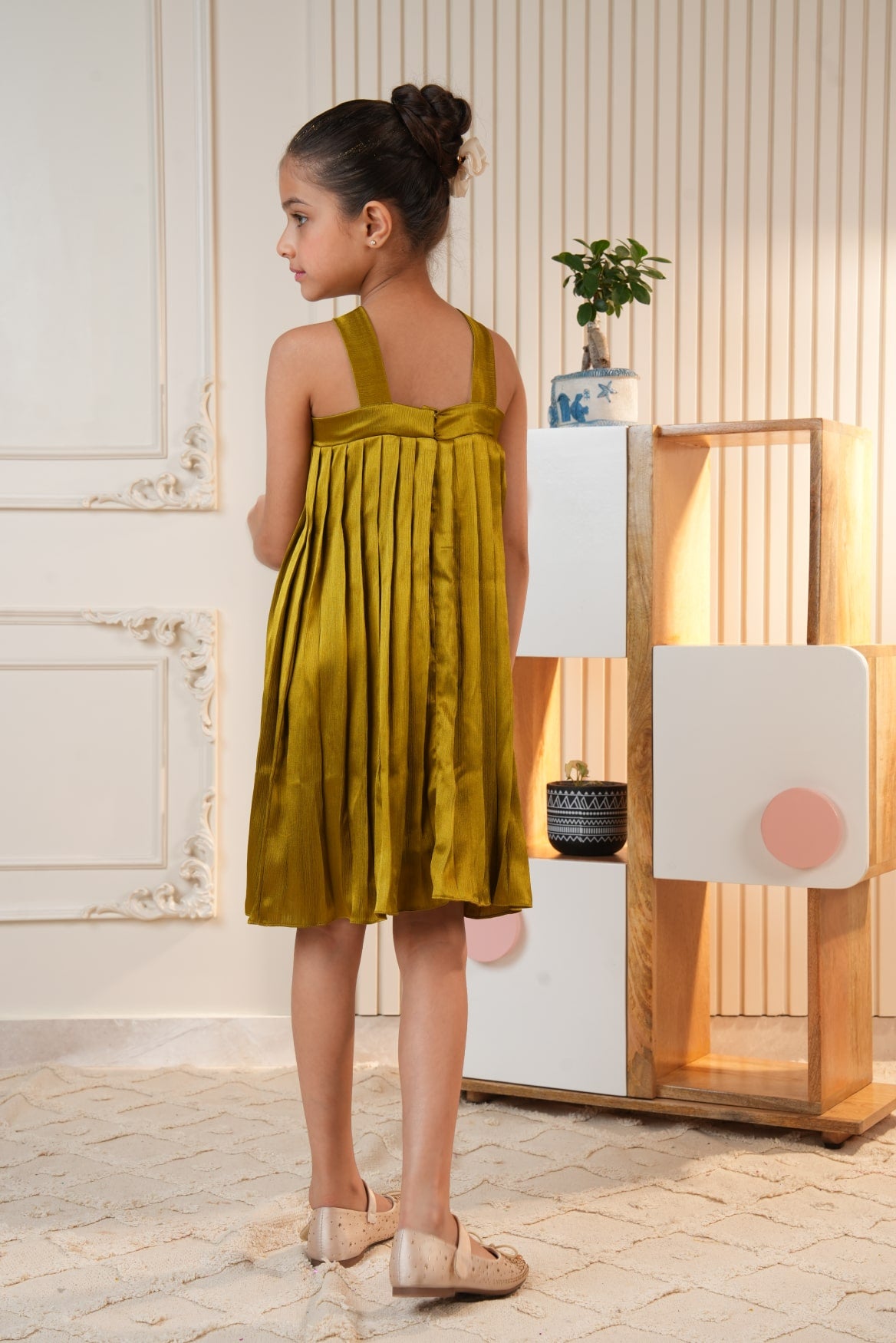 Golden Brown Pleated Flared Dress