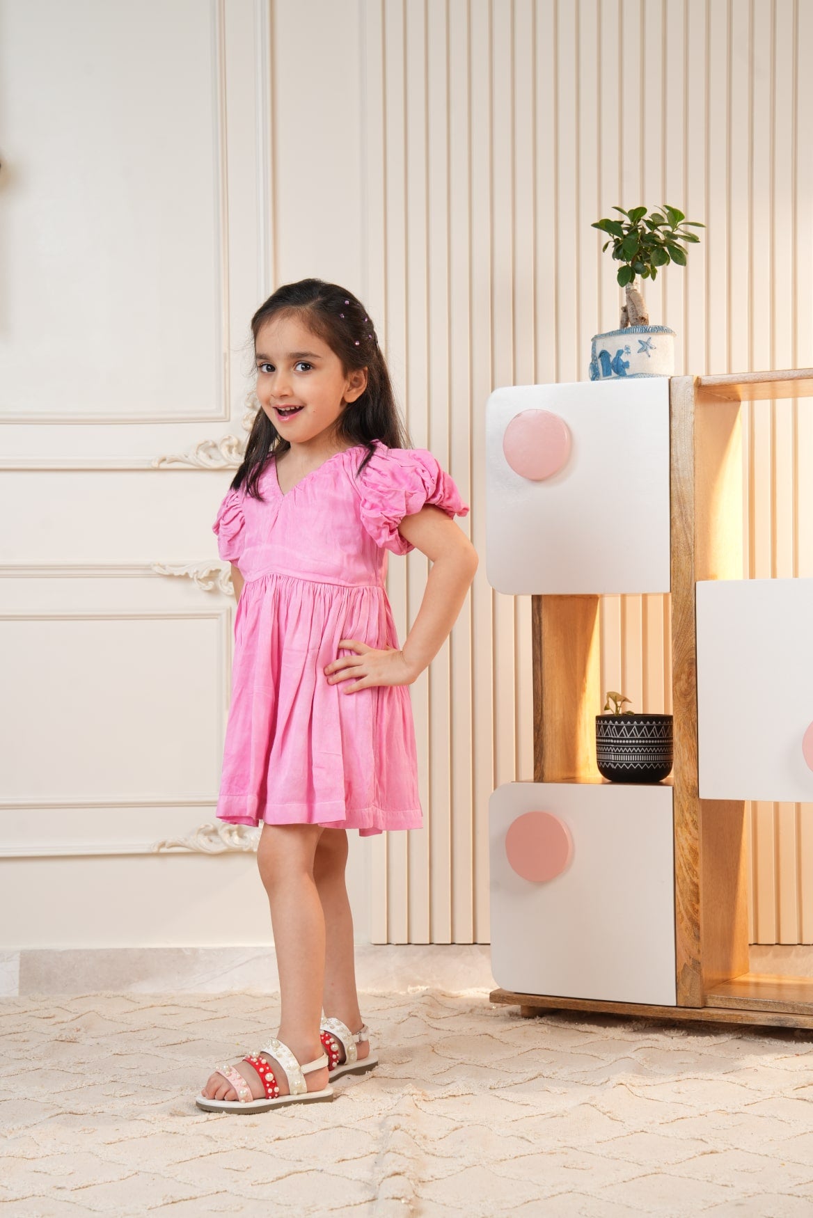 Pink Dress with Puff Sleeves