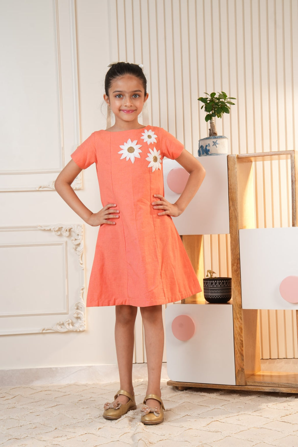 Orange Dress with Embroidered Flowers
