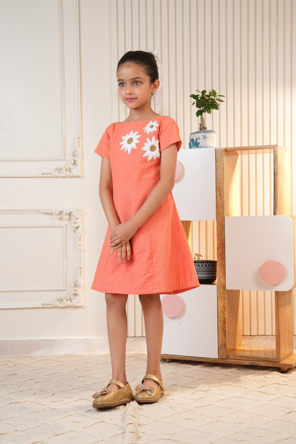 Orange Dress with Embroidered Flowers