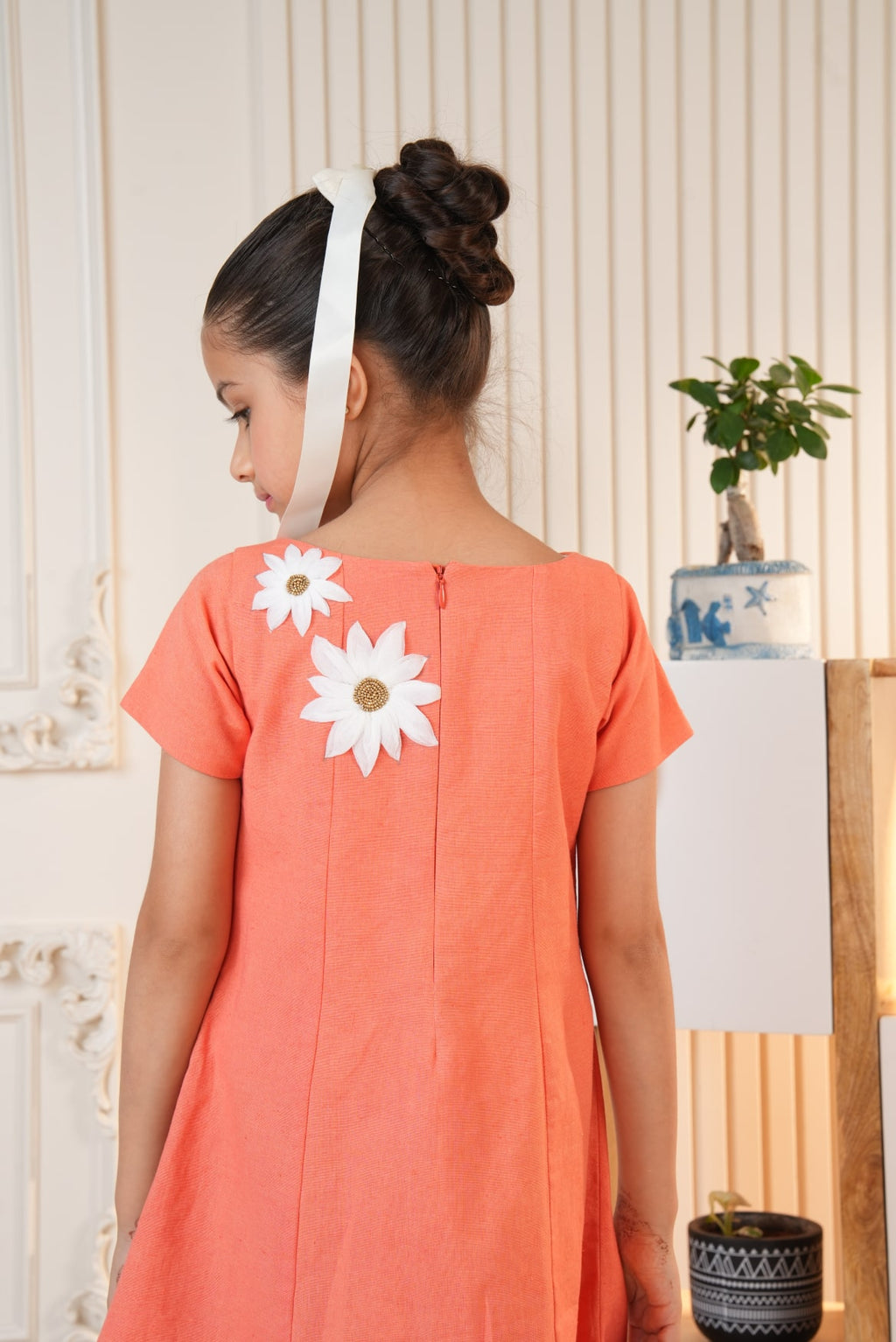 Orange Dress with Embroidered Flowers