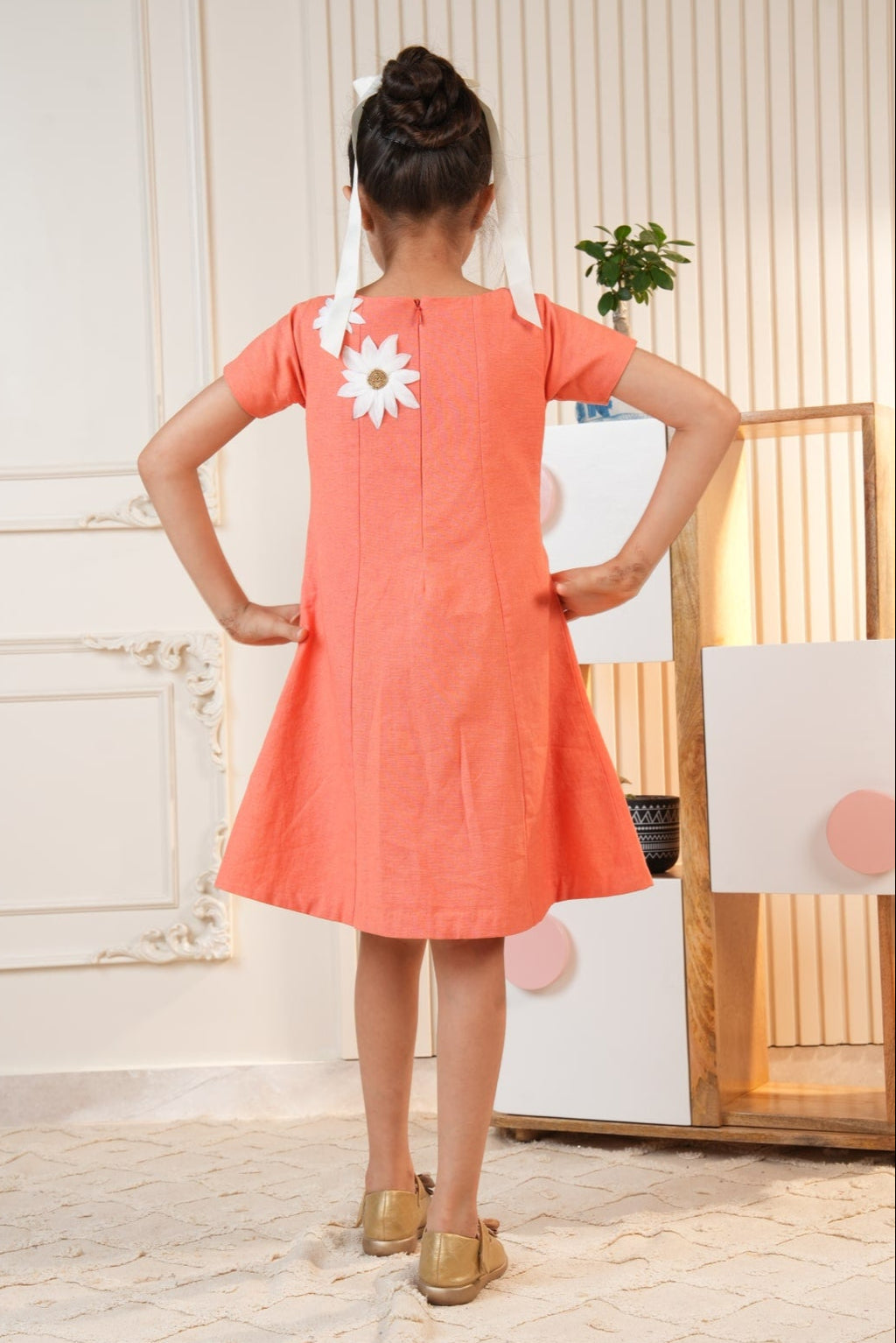 Orange Dress with Embroidered Flowers